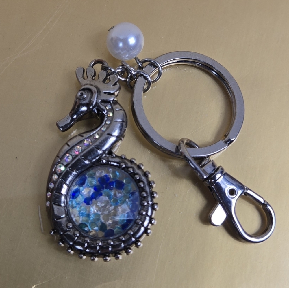 Silver Tone Vtg Seahorse Keychain/ Bag Charm  with Blue Crystal Accents - Picture 13 of 17